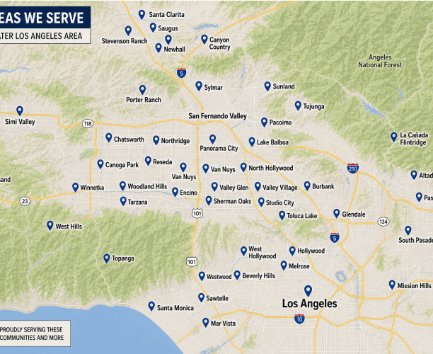 A map showing areas served in the Greater Los Angeles Area, with markers indicating neighborhoods and cities such as Santa Clarita, Glendale, and Beverly Hills.