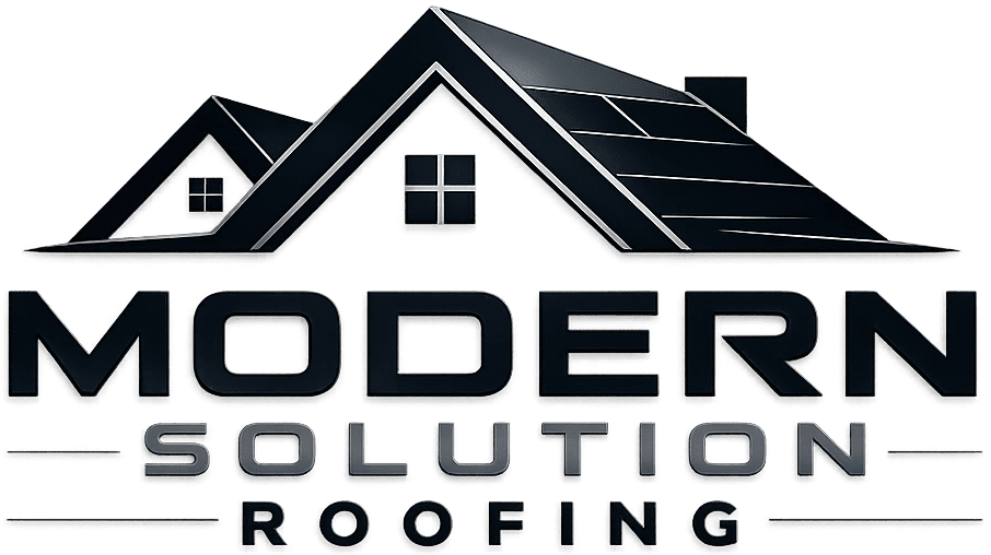 Modern Solutions Logo transparent Logo for Modern Solution Roofing featuring stylized black rooftops above bold text reading "Modern Solution Roofing" on a light background.